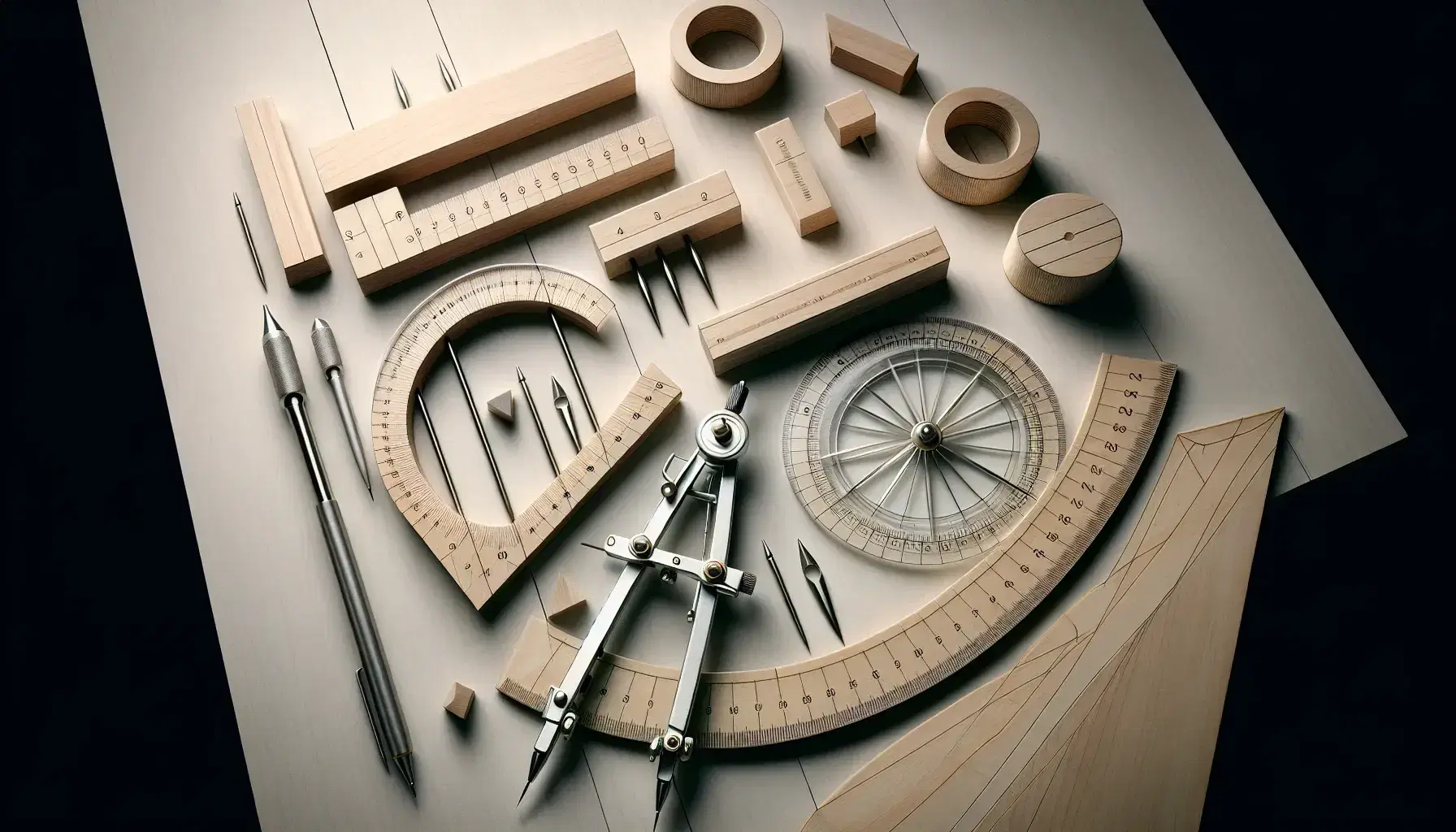 Assorted geometric tools including a compass, protractors, and wooden shapes on a light wooden surface, with a drawn circle and stainless steel ruler.