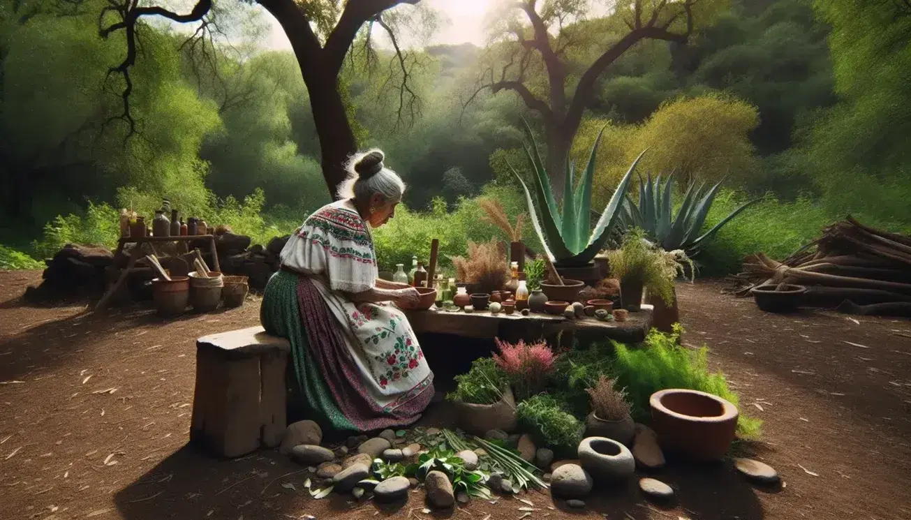 Anciana mexicana en atuendo tradicional sentada junto a altar de tierra con hierbas y piedras, rodeada de vegetación y utensilios de curanderismo.