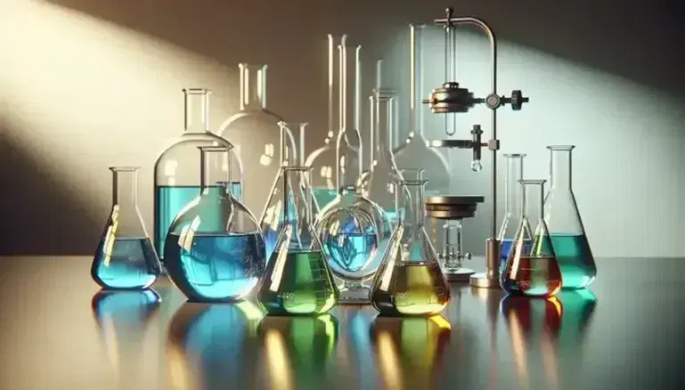 Matraces Erlenmeyer con líquidos de colores azul, verde, amarillo y rojo sobre superficie clara, con quemador Bunsen y tubo de ensayo al fondo en laboratorio.