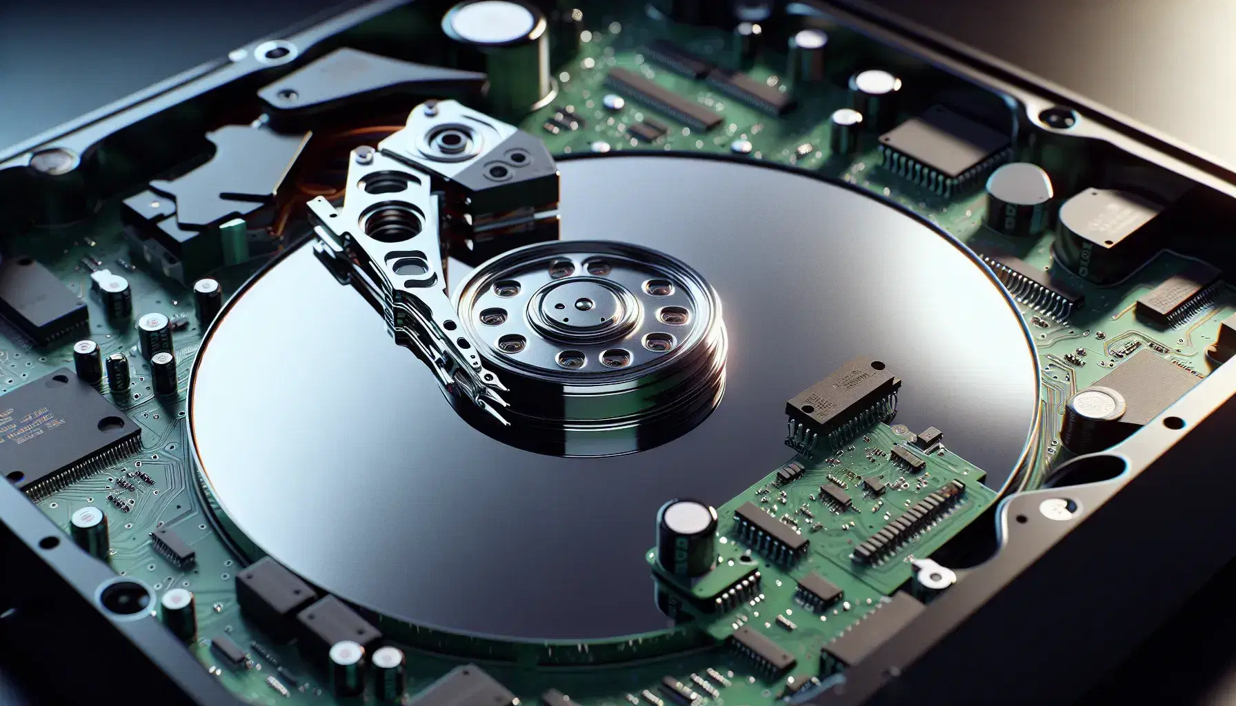 Close-up view of an open hard drive showing the reflective platter, black actuator arm and green electronic board without symbols.
