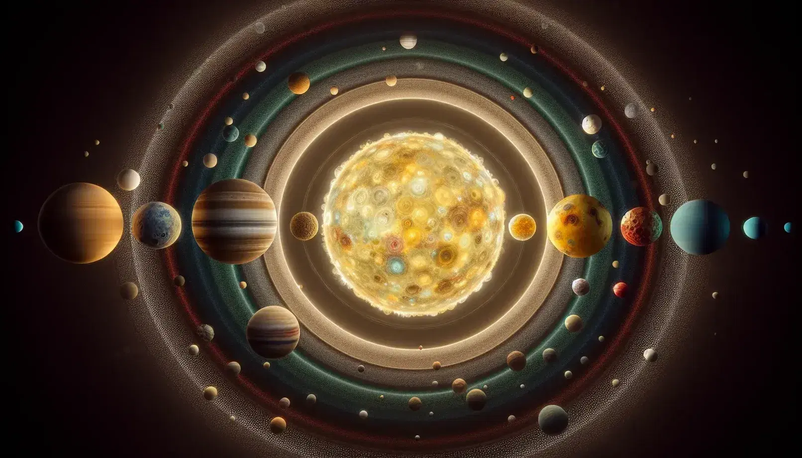 Rappresentazione artistica del Sistema Solare con il Sole al centro, otto pianeti colorati, cintura di asteroidi e corpi minori su sfondo stellato.