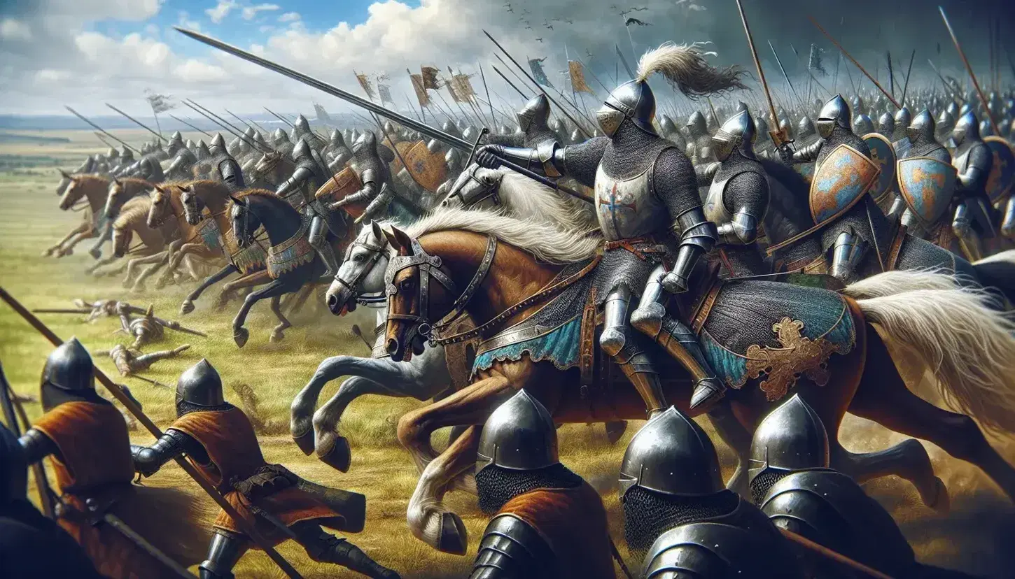 Medieval battle scene during the Crusades with knights in armor on galloping horses, armed foot soldiers and blue sky.