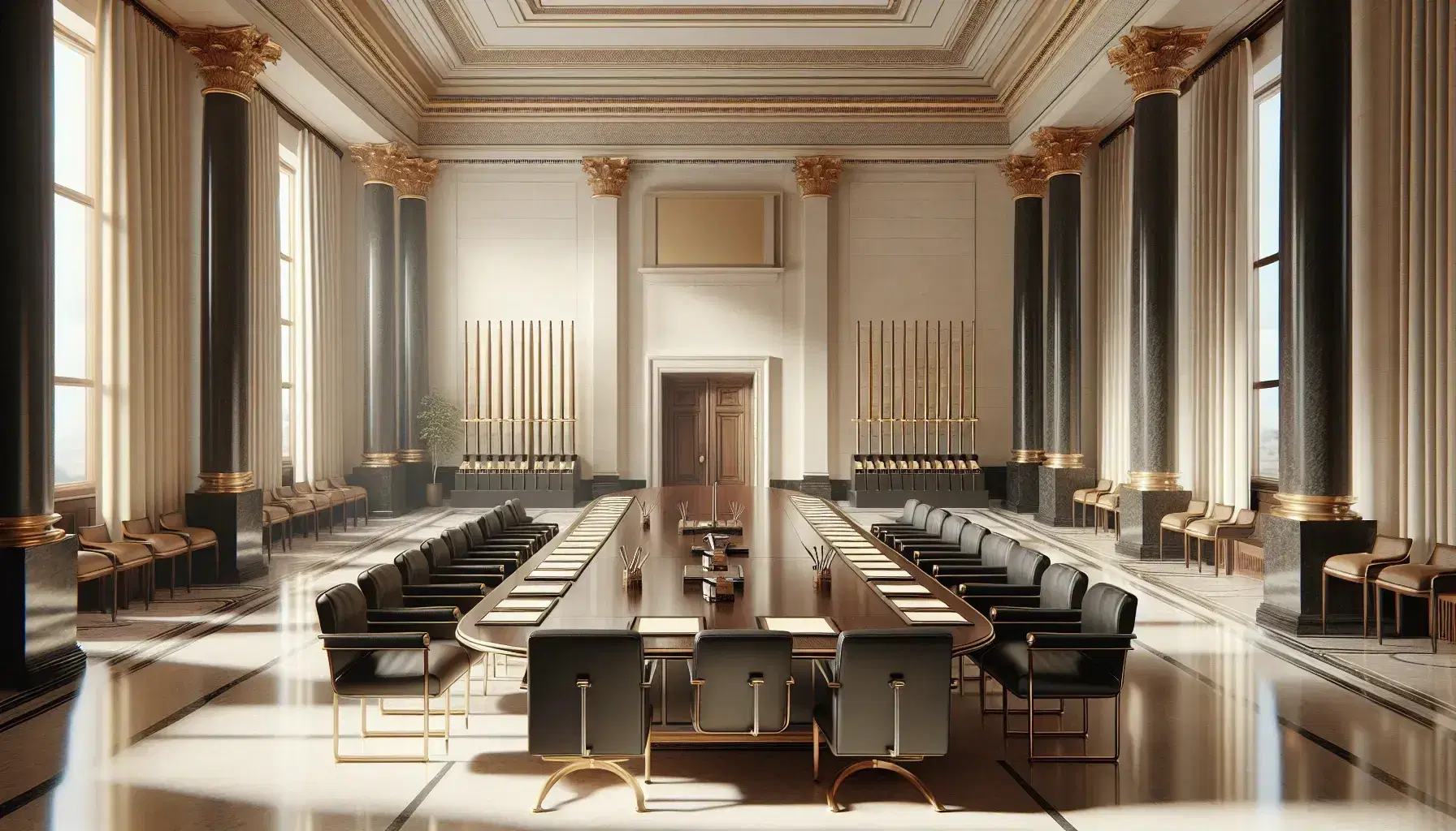 Sala de reuniones elegante con mesa ovalada de madera oscura, sillas de cuero negro y banderas monocromáticas al fondo, junto a una ventana con vistas a una estructura neoclásica.