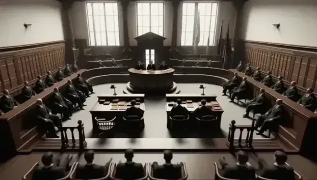 Sala de tribunal con mesa central de madera oscura, individuos en togas, presidencia elevada y bandera lateral, iluminada por luz natural.