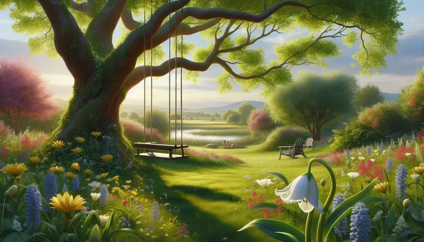 Serene spring garden with a wooden swing on an oak tree, vibrant wildflowers, a reflective pond, and a single white flower in focus.