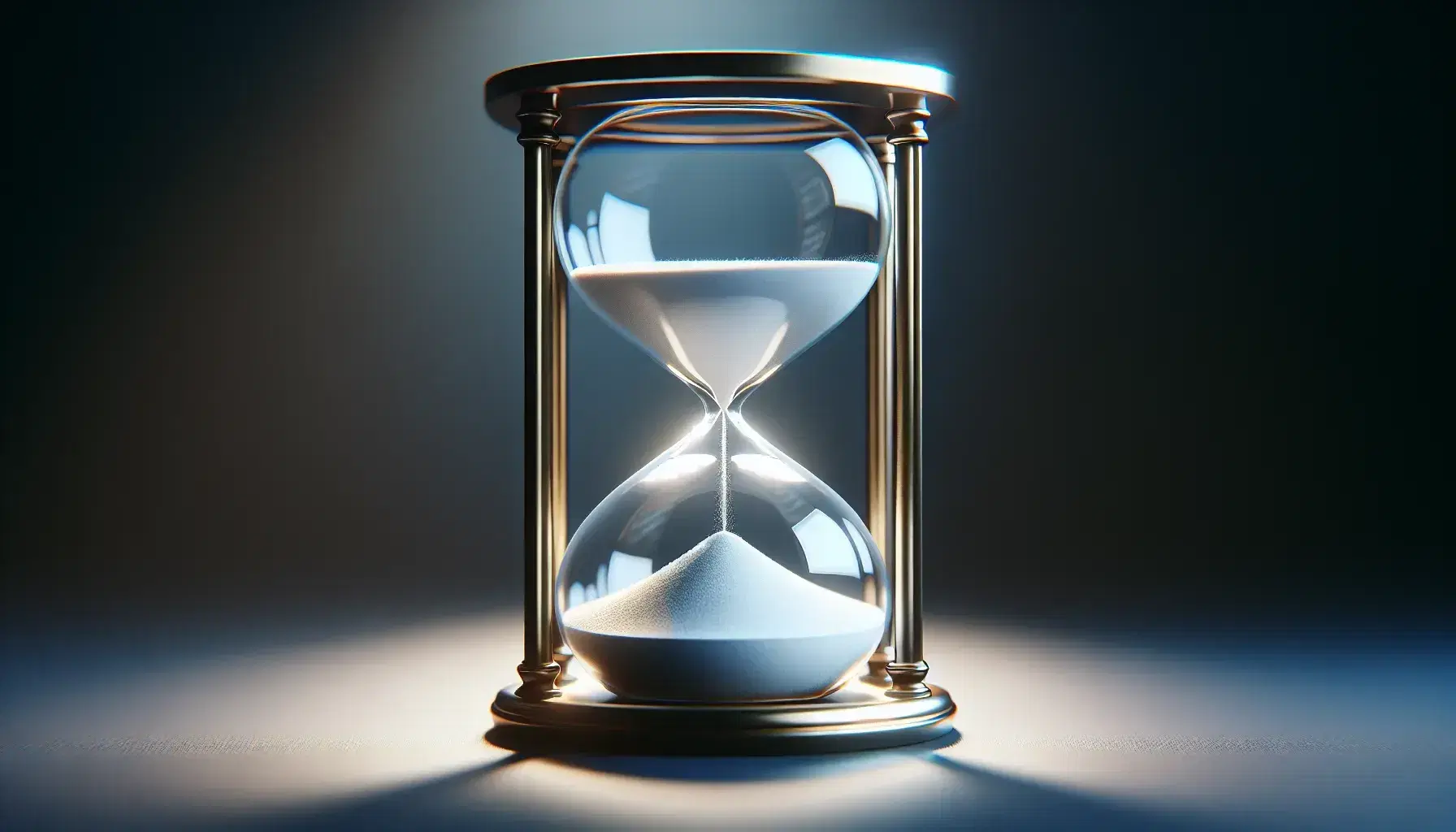 Close-up view of a classic hourglass with white sand halfway through, golden frame, and a soft-focus blue gradient background.