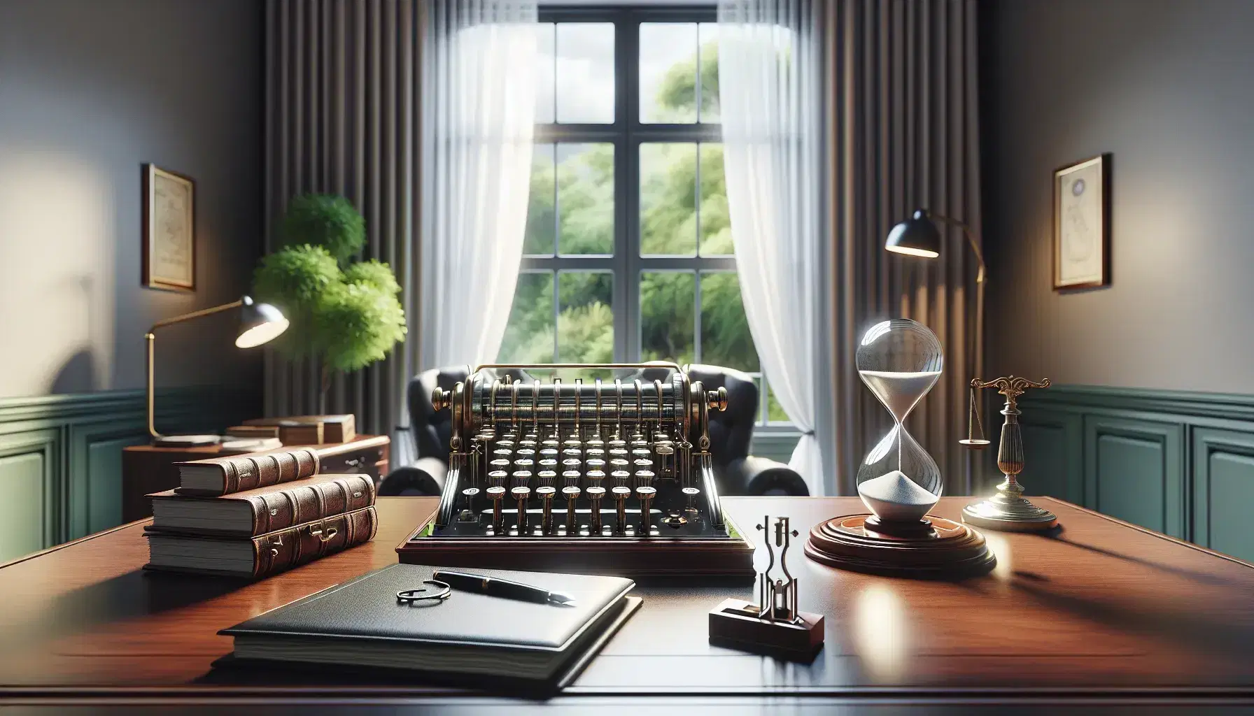Elegant office with a mahogany desk featuring a vintage calculator, hourglass, and ledger, near a window with billowing curtains and outdoor greenery.