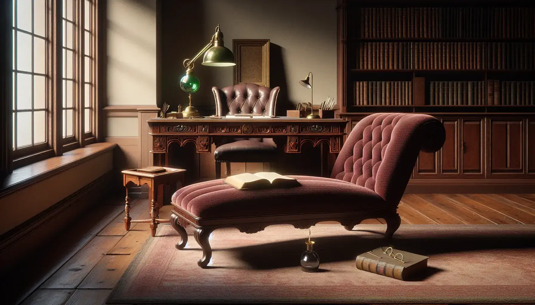 Early 20th century psychiatric office with burgundy chaise longue, wooden desk, brass lamp, bound books and Persian carpet.