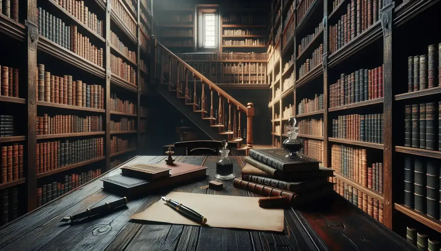 Biblioteca antigua con estanterías de madera oscura llenas de libros, mesa con papeles, pluma y tintero, y luz natural entrando por la ventana.