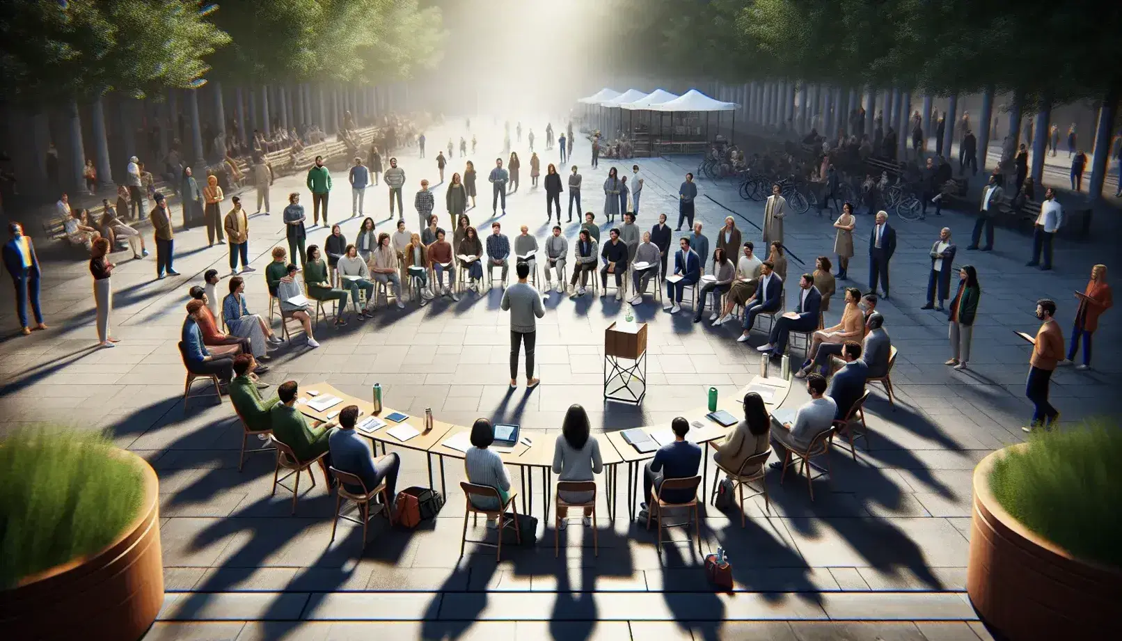 Grupo diverso de personas en reunión al aire libre en un parque, con una persona en el centro hablando y otras tomando notas, en un día soleado.