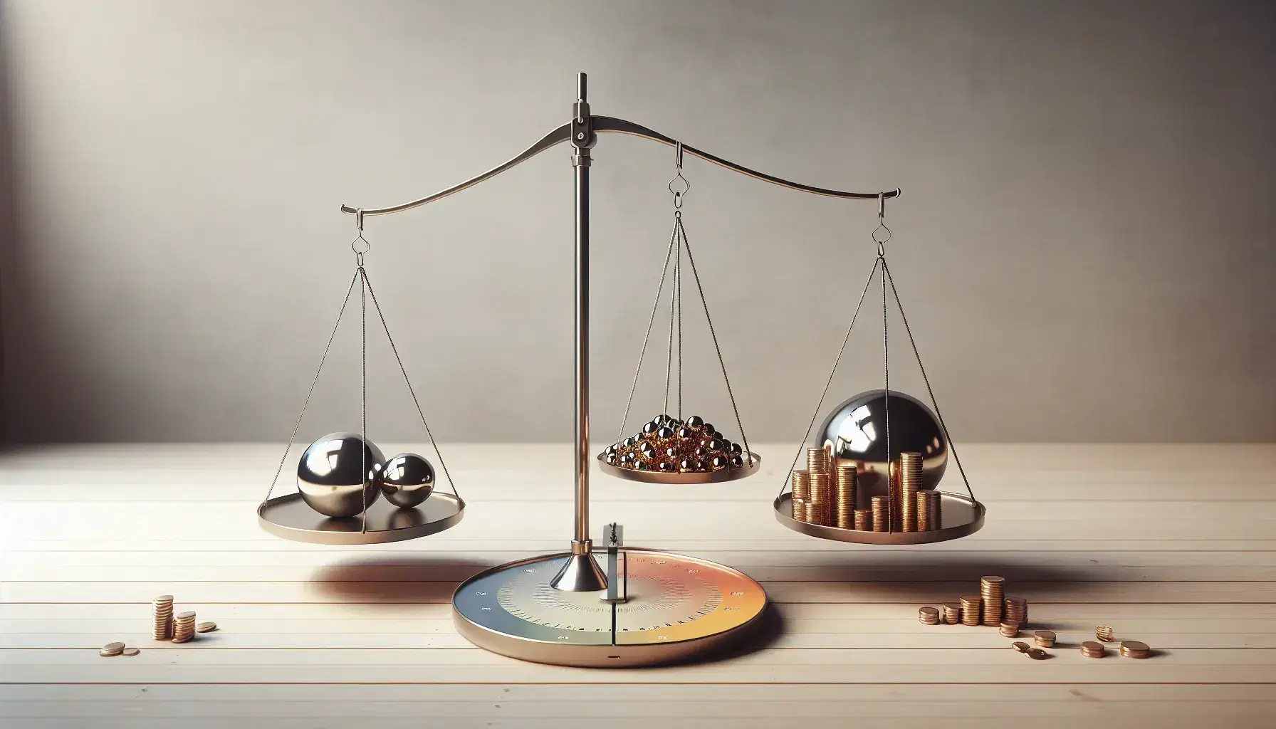 Bilance a bracci con sfere metalliche e plastiche in equilibrio e monete d'oro, sopra grafici a torta 3D corrispondenti ai pesi.