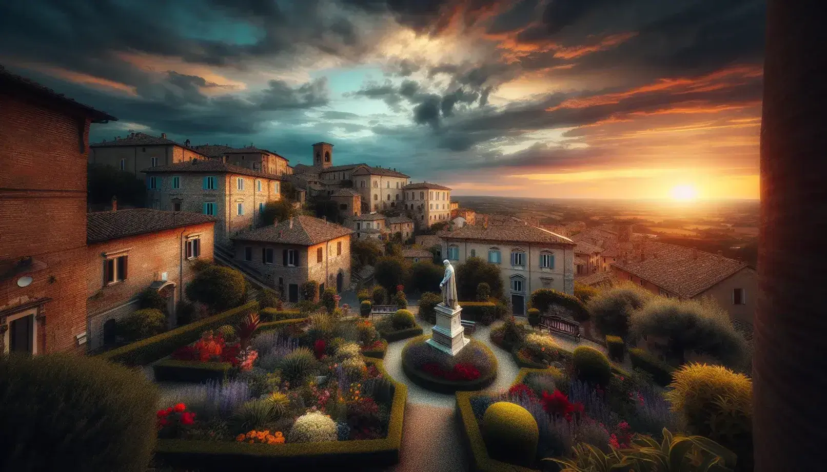 Vista panoramica di Recanati al tramonto con edifici storici, tetti in tegole rosse, giardino curato e statua marmorea, cielo sfumato giallo-blu.