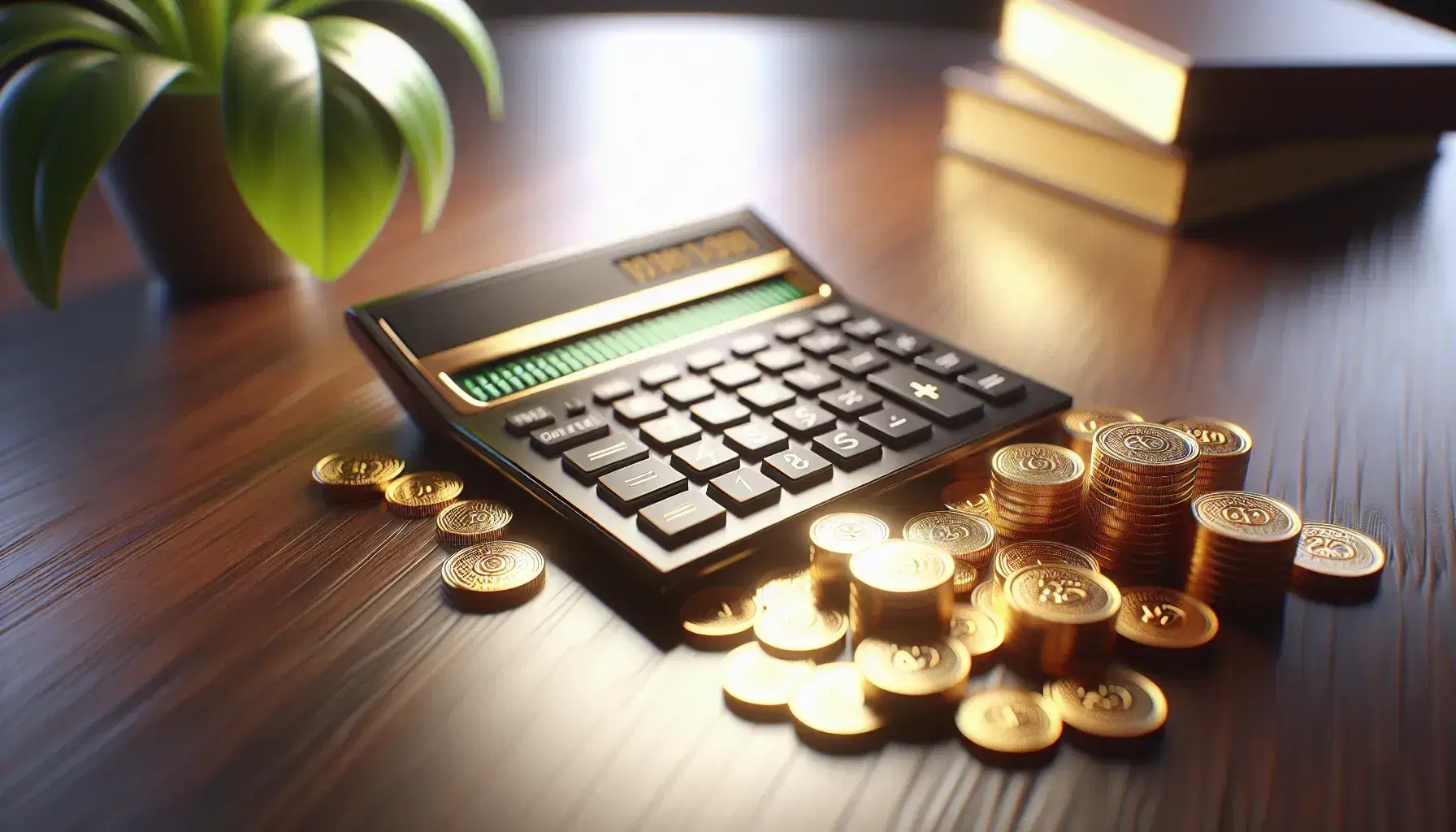 Modern calculator on a mahogany desk surrounded by scattered golden coins, with a soft-lit green potted plant in the background.