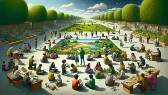 Gruppo multietnico partecipa a attività comunitarie in piazza: lettura per bambini, pittura murale e giardinaggio.