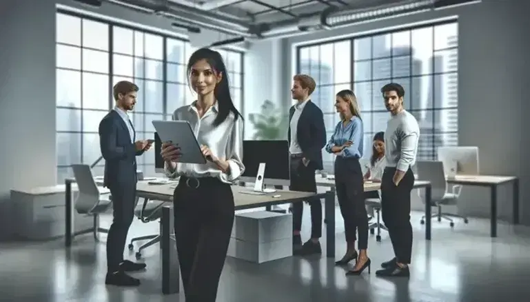 Grupo diverso de profesionales colaborando en una oficina moderna con luz natural, una mujer sostiene una tableta digital en el centro.