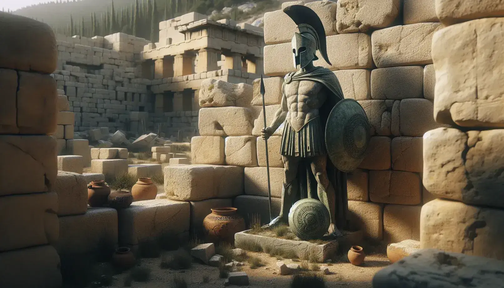 Statua in pietra di guerriero spartano con elmo, scudo e lancia su sfondo di rovine antiche e frammenti di ceramica.