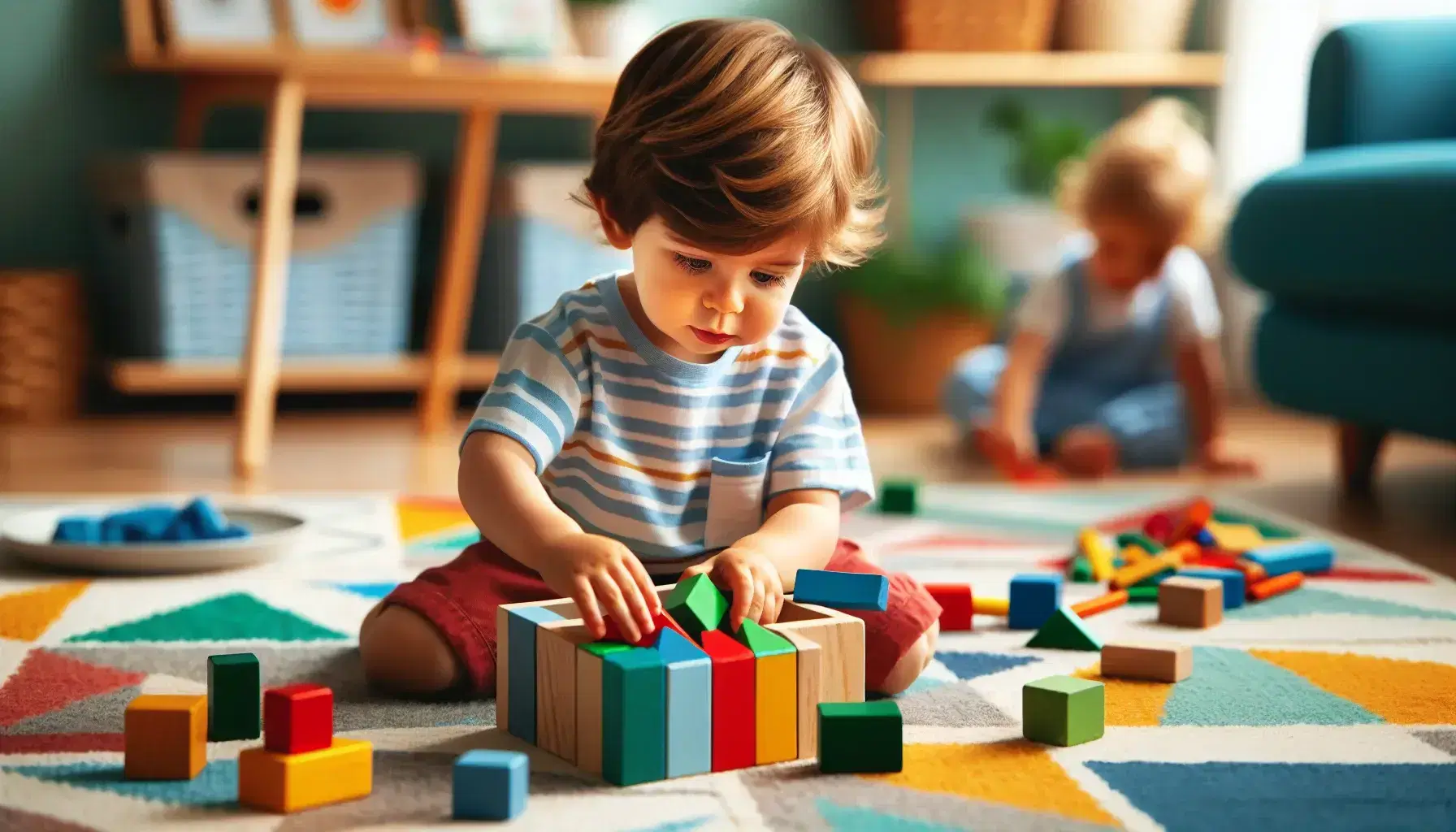Bambino piccolo intento a incastrare blocchi di legno colorati su tappeto multicolore, con altro bimbo che disegna sullo sfondo.