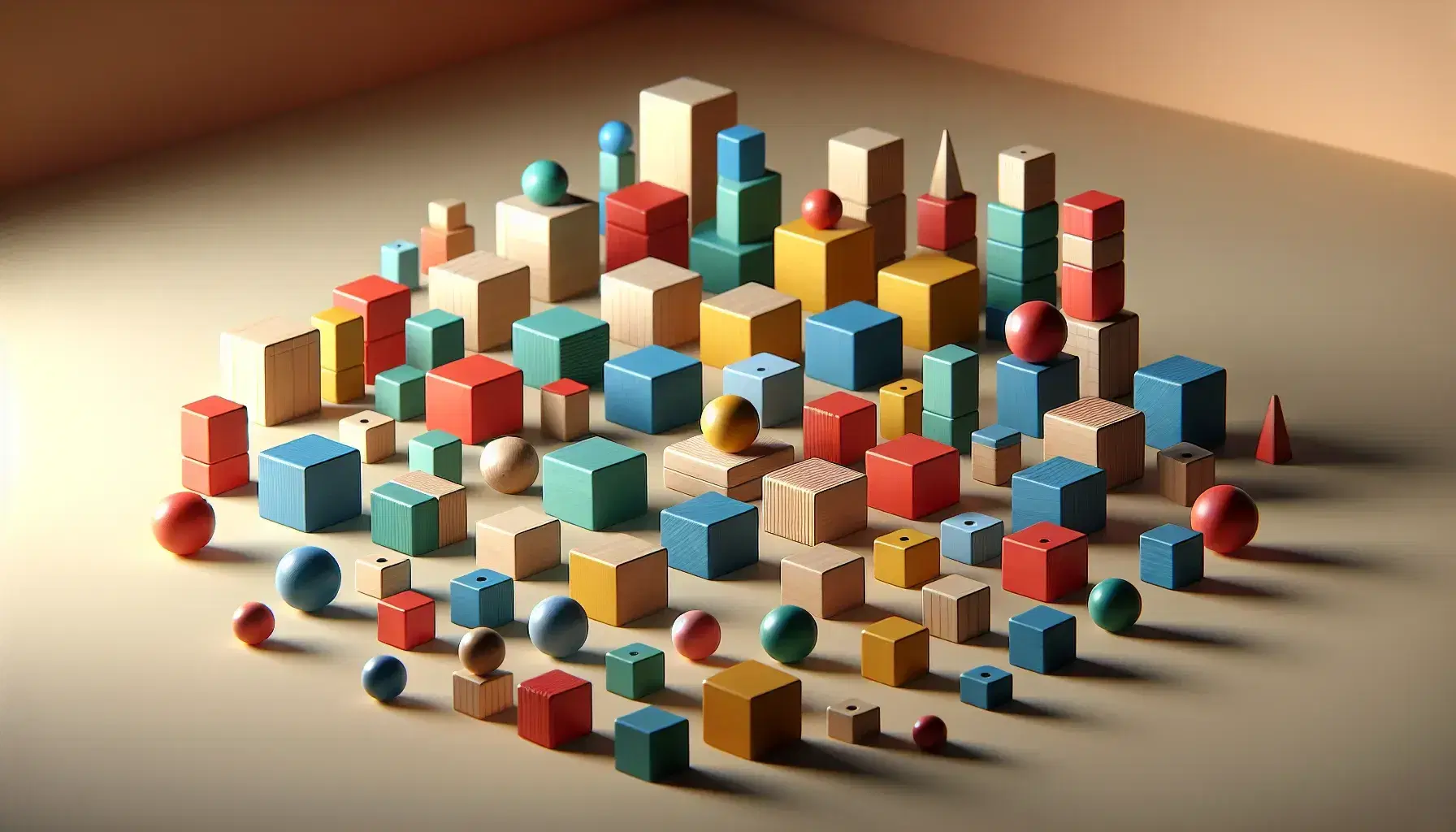 Bloques de madera de colores y formas geométricas como cubos, esferas y cilindros organizados en patrones sobre superficie lisa.