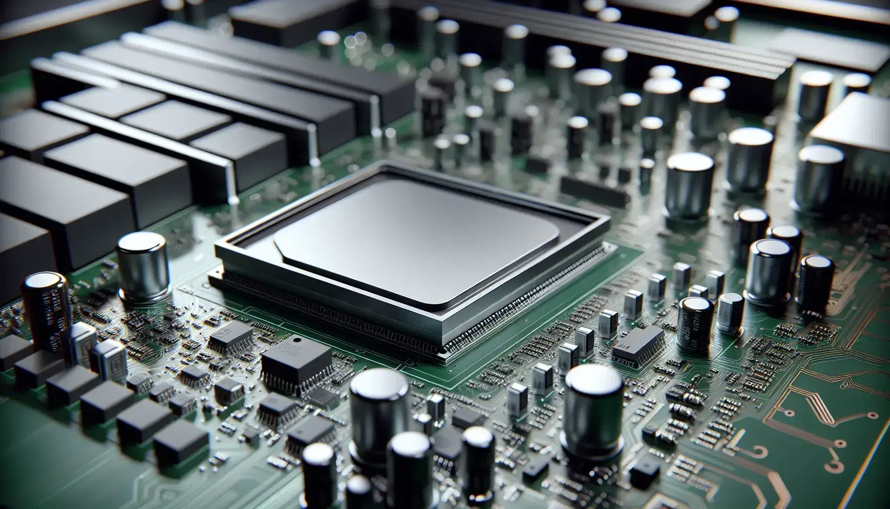 Close-up of a motherboard with silver CPU, black integrated circuits, cylindrical capacitors and copper traces on a green background.