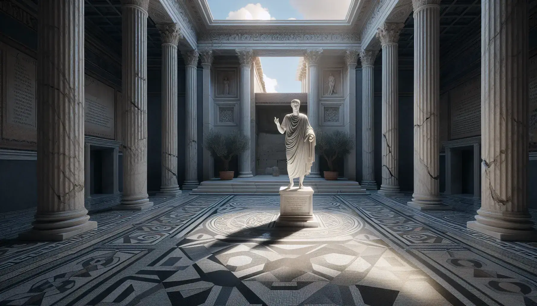Statua marmorea di oratore latino in antico Foro Romano tra colonne, con mosaici geometrici e ulivi sullo sfondo.
