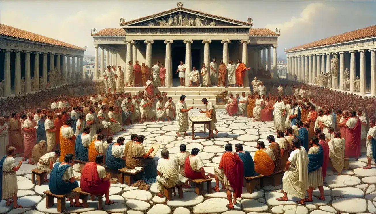 Scena dell'Agora ad Atene antica con uomini in tunica che dibattono e statua bronzea, circondati da edifici marmorei e cielo azzurro.