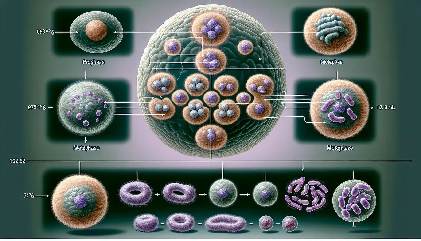 Células en mitosis bajo microscopio óptico mostrando fases de profase, metafase, anafase y telofase en célula central, con tinción púrpura y azul.