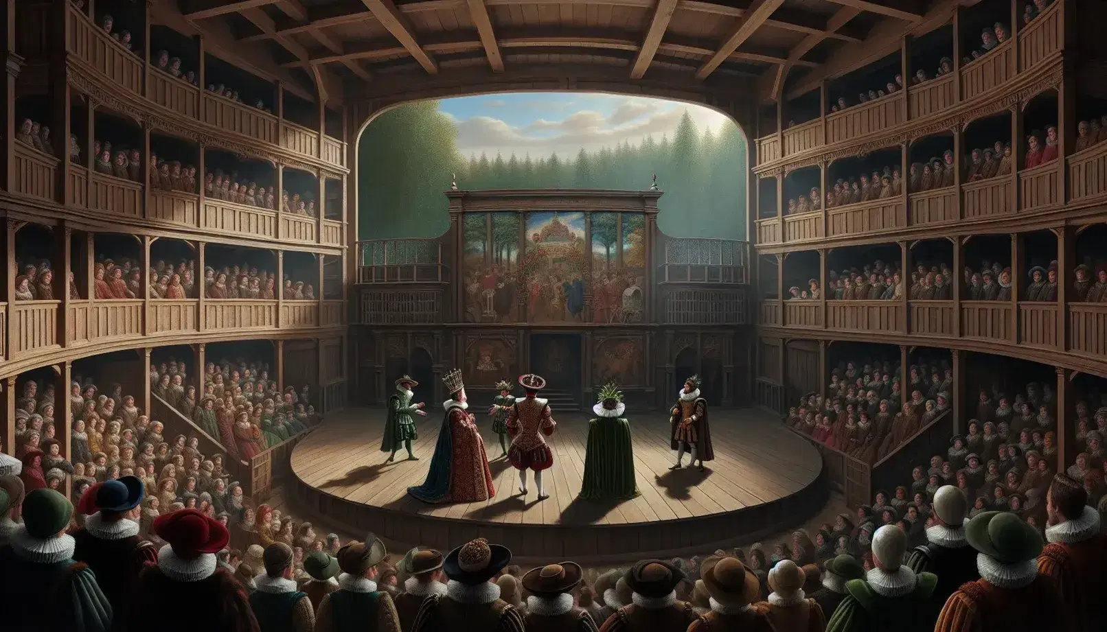 Scena teatrale elisabettiana con attori in costume d'epoca su palcoscenico semicircolare in legno, pubblico in balconate e pit, sotto luce naturale.