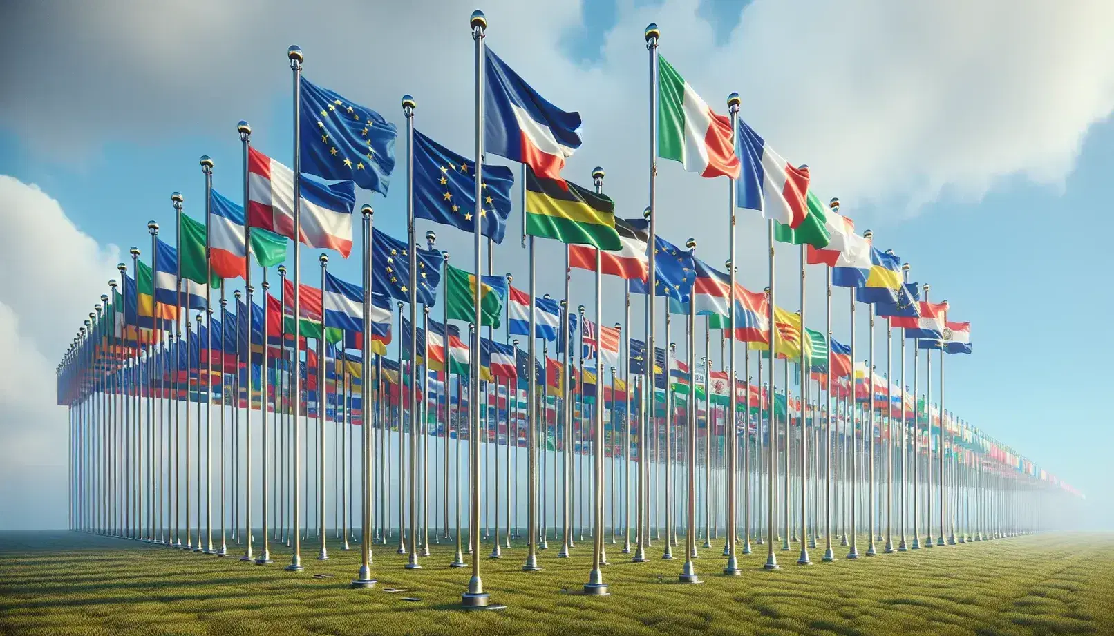 Bandiere nazionali dell'Unione Europea sventolano in fila su pali uguali contro un cielo azzurro con erba verde sottostante.
