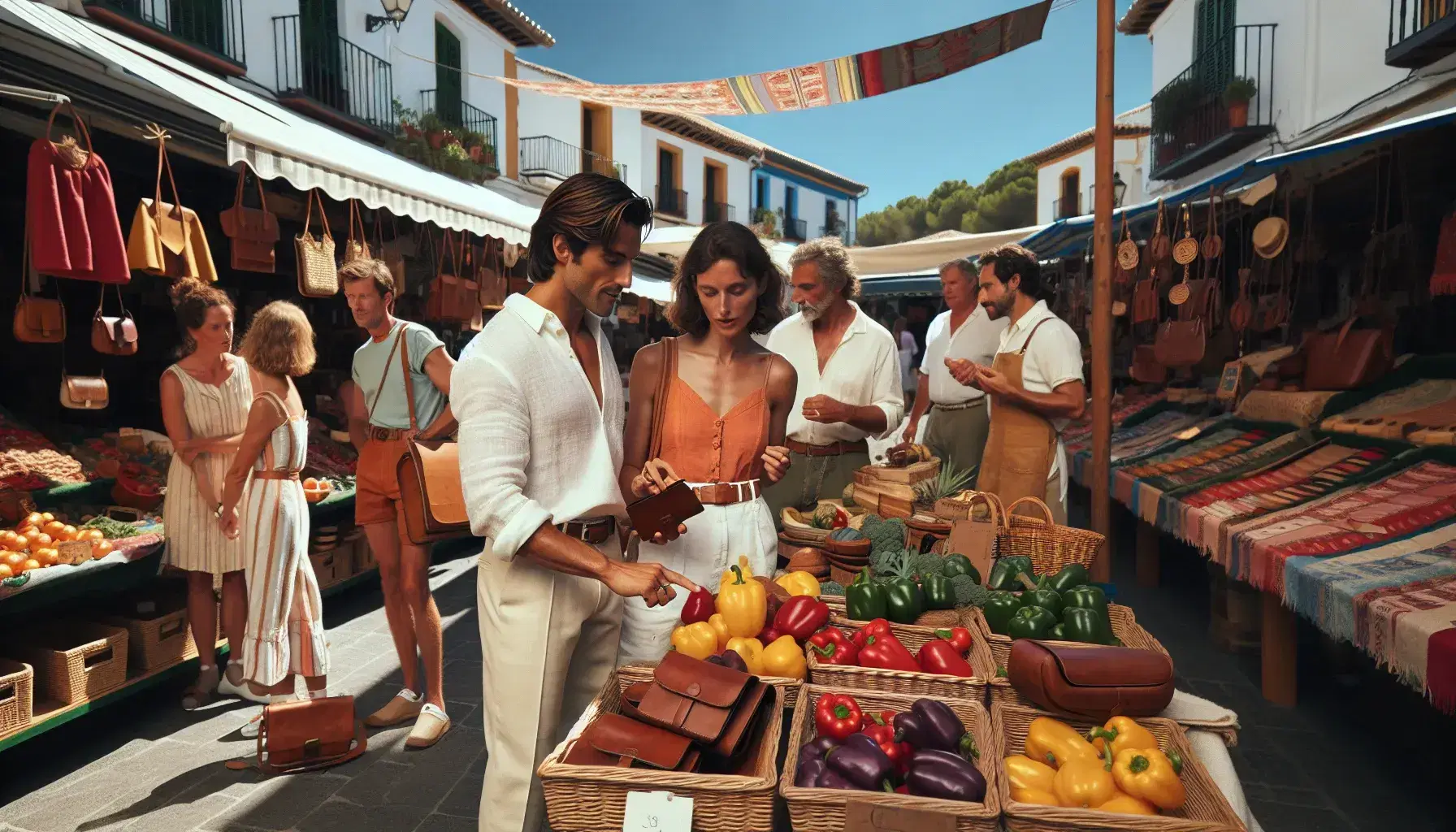 Bustling Spanish market scene with shoppers at vegetable, leather goods, and fruit stands under a clear blue sky, surrounded by colorful textiles and pottery.