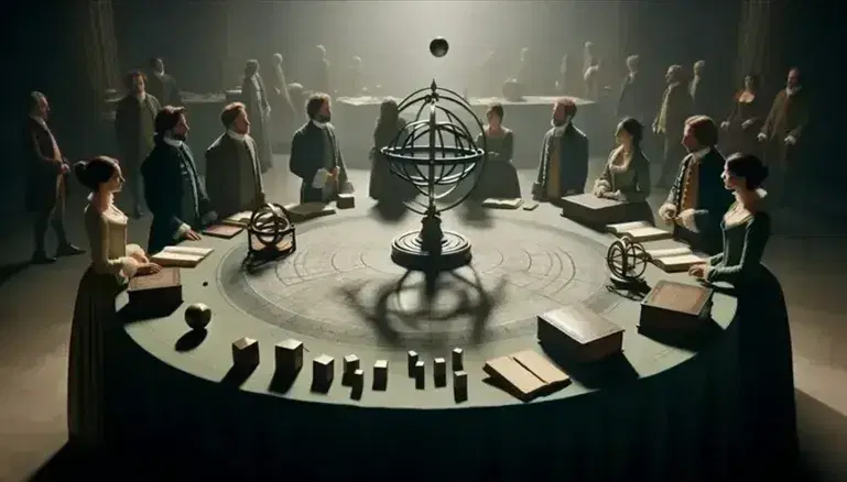 Grupo de personas en atuendos de época discutiendo alrededor de una mesa con esfera armilar, globo topográfico, compás y figuras geométricas de madera.