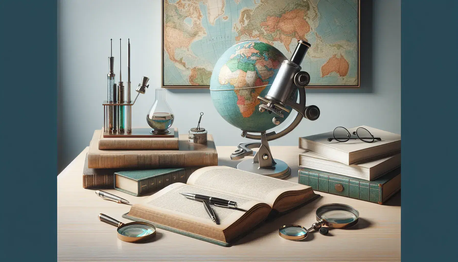 Scrivania in legno chiaro con libro aperto, lente d'ingrandimento, penna stilografica, fogli, globo terrestre e microscopio sotto luce naturale.