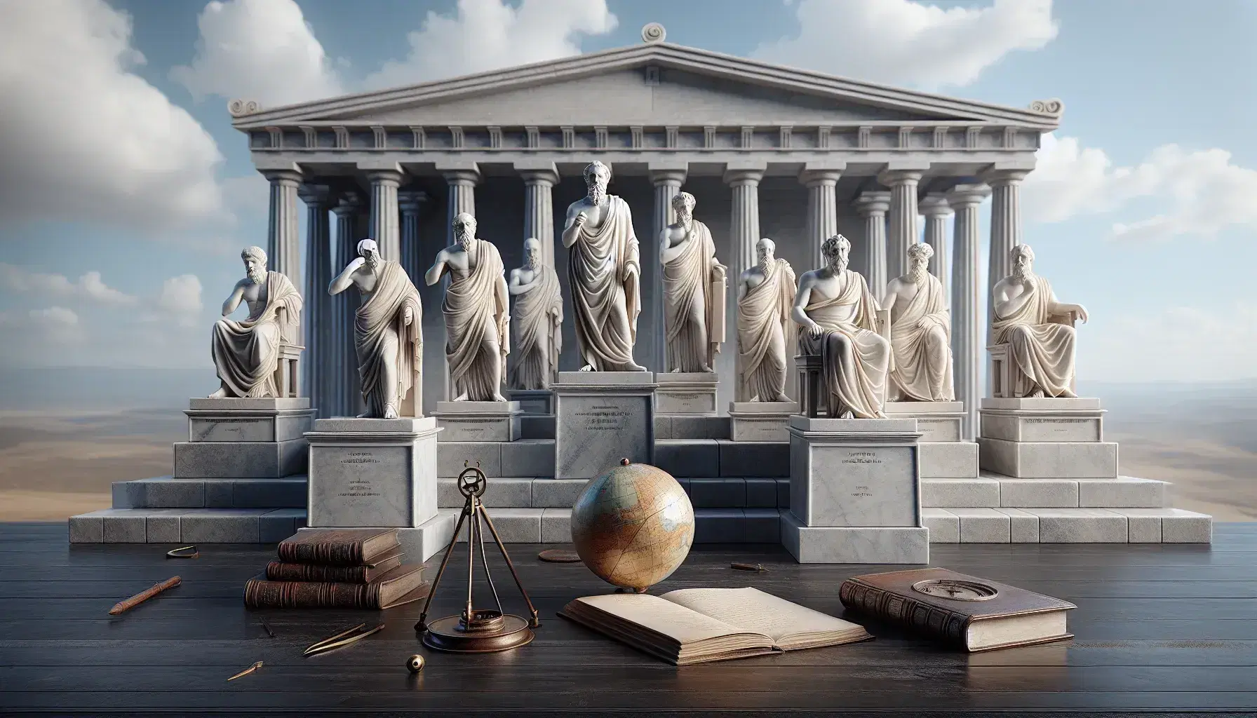 Estatuas de mármol de filósofos antiguos en fila con posturas características, un globo antiguo y libros sobre una mesa, bajo una arquitectura griega clásica y cielo despejado.