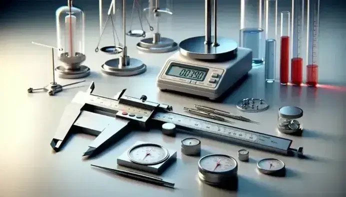 Instrumentos de medición científica incluyendo un calibre vernier, un micrómetro, una balanza analítica de laboratorio, un termómetro de vidrio y probetas graduadas con líquidos azul y amarillo.