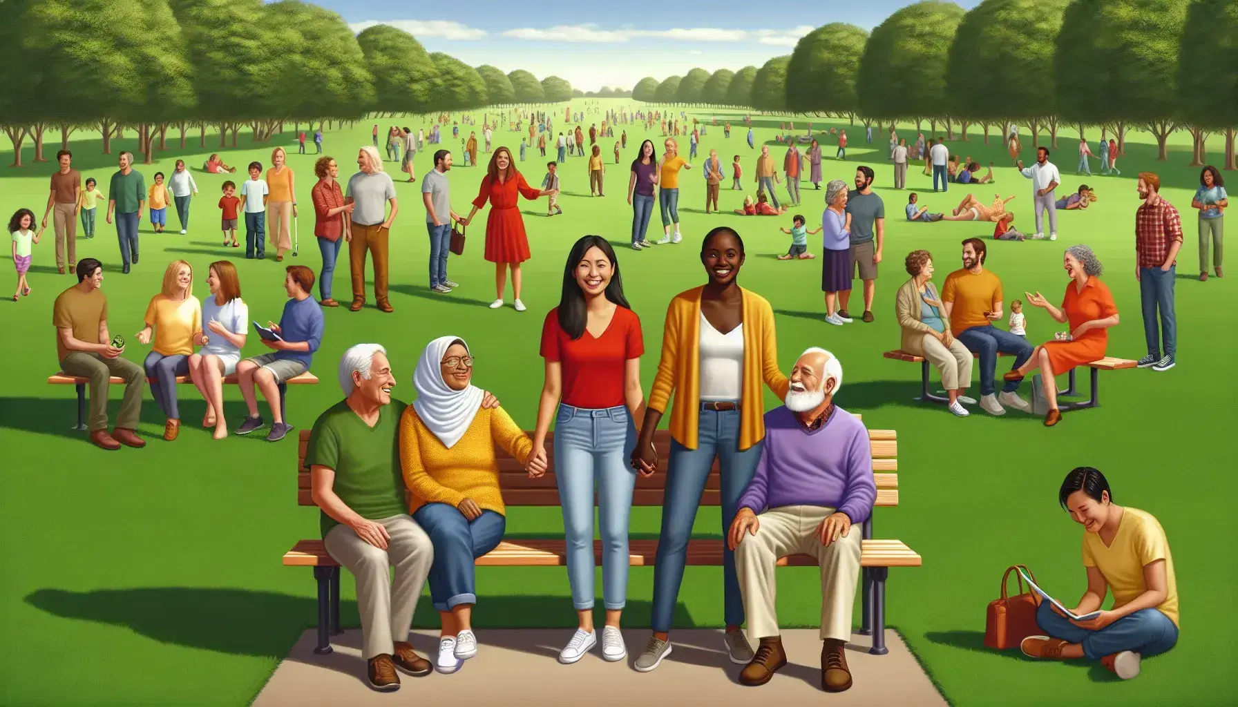 Multi-ethnic gathering in a green public space, with couples and friends interacting on a peaceful day.