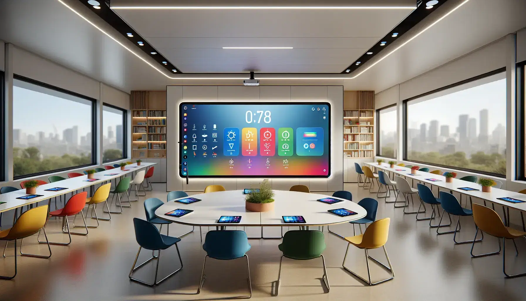 Aula moderna y luminosa con pizarra interactiva grande, mesas redondas con sillas ergonómicas de colores y dispositivos digitales, rodeada de ventanas amplias y planta decorativa.