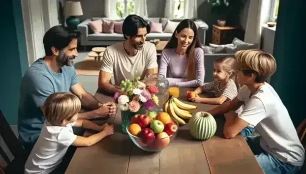 Familia disfrutando de un momento juntos alrededor de una mesa con frutero y flores, en un ambiente hogareño iluminado por luz natural.