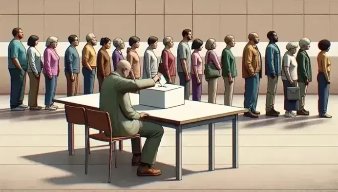 Diverse group queuing to vote, person in front casting ballot into a box on a table, reflecting a democratic election process in a neutral setting.