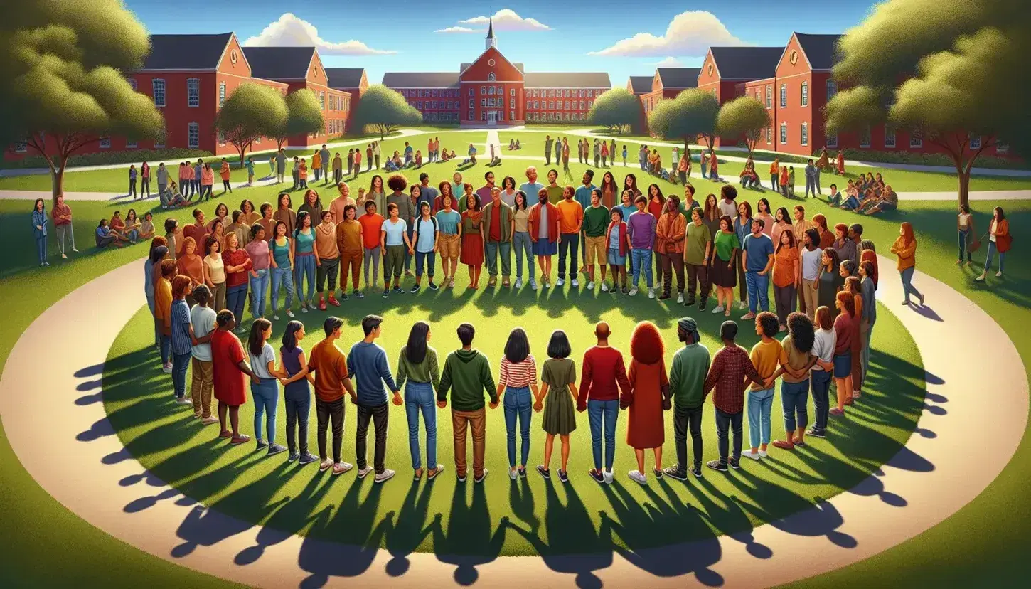 Multicultural group of people of different ages and genders in a collective embrace, on a university campus with brick buildings and green lawn.