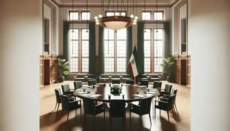 Sala de reuniones con mesa ovalada de madera oscura, sillas tapizadas en azul, ventanas grandes y bandera tricolor sin emblemas.