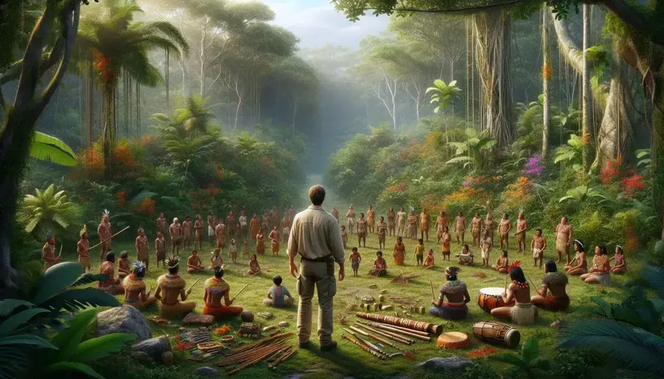 Antropologo osserva indigeni in cerchio durante rituale tradizionale in foresta tropicale, con strumenti musicali etnici a terra.