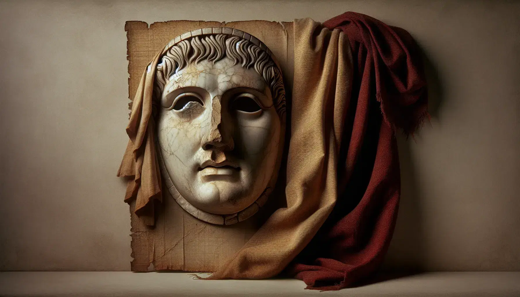 Maschera teatrale romana antica in marmo con mantello rosso scuro e papiro, evocativa del teatro di Terenzio, su sfondo neutro.