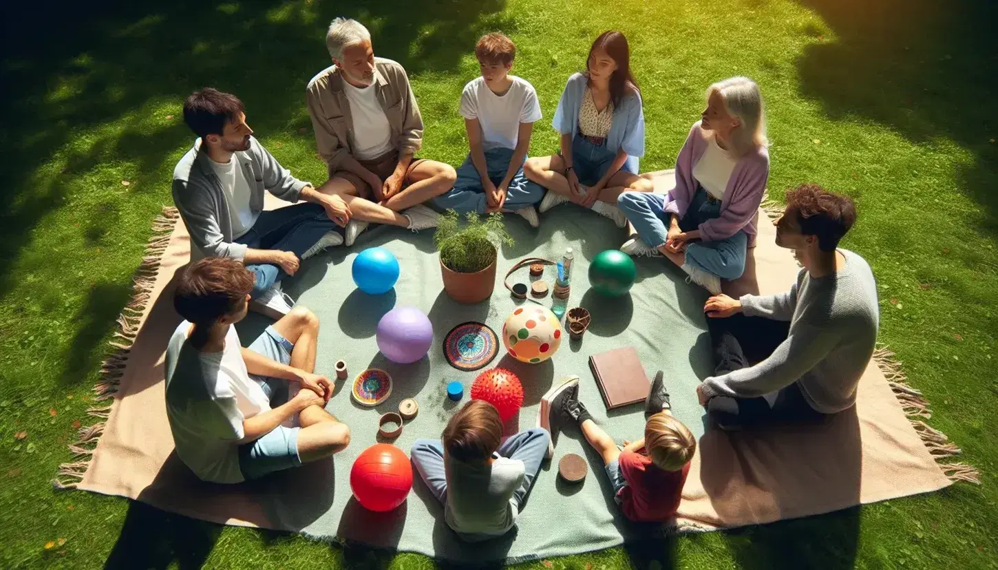 Grupo de cinco personas de diversas edades sentadas en círculo sobre manta verde en parque, con pelota, libro y planta, bajo sombra de árboles.