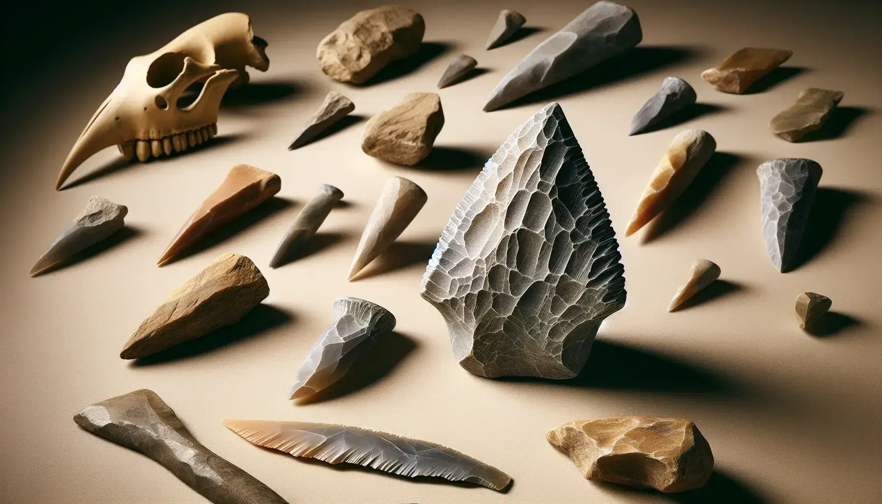 Punta de proyectil de piedra Clovis con base cóncava y artefactos menores como raspadores y cuchillos de tonos marrón a gris, junto a réplica de hueso de mamut.