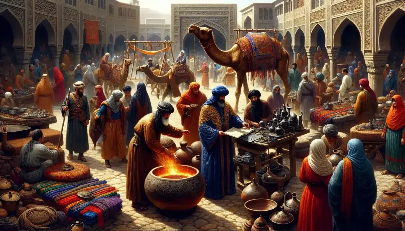 Vibrant historical marketplace with diverse cultures, featuring a blue-robed merchant, blacksmith at work, red-dressed textile seller, and a camel convoy.