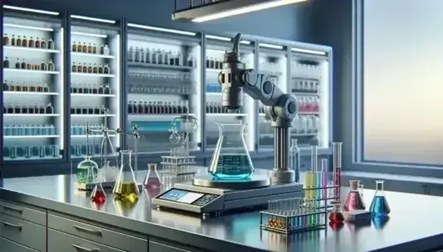 Laboratorio scientifico moderno con tavolo da lavoro, flaconi Erlenmeyer colorati, bilancia analitica digitale, braccio robotico e scaffalature con vasetti.