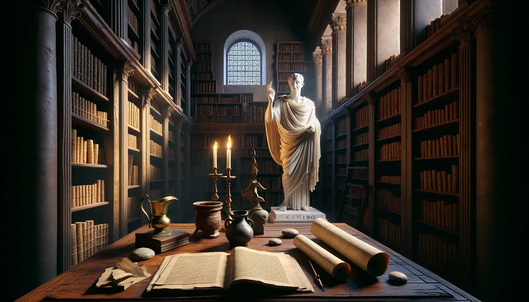 Statua marmorea di Cicerone in biblioteca romana antica con pergamene, lampada a olio e calamaio su tavolo in legno, luce naturale da finestra.