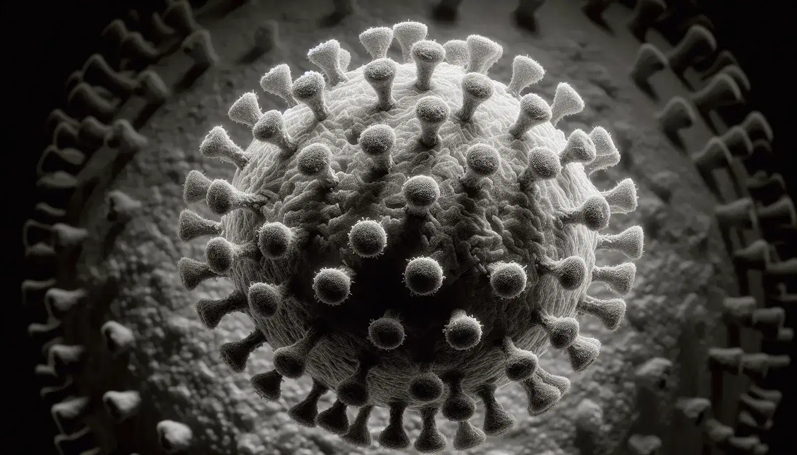 High-magnification electron microscope view of a spherical lentivirus with protein spikes on its surface and a visible inner capsid.