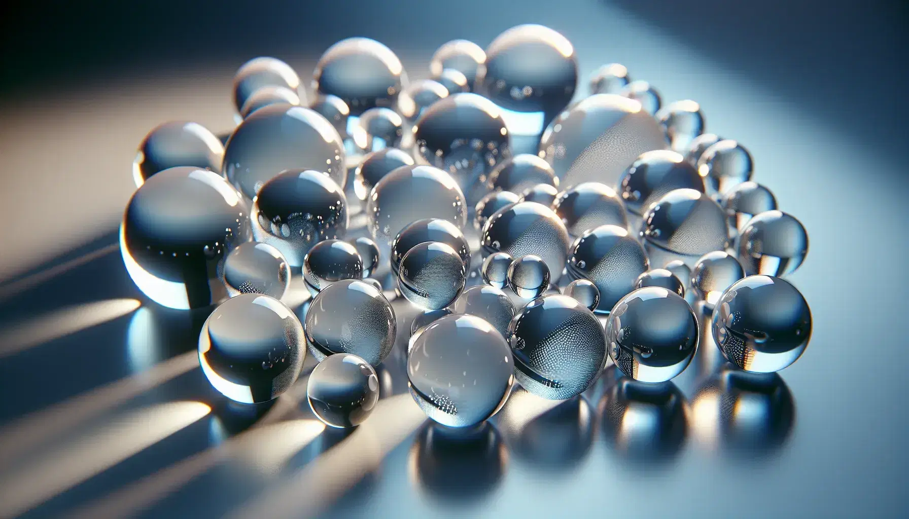 Esferas de vidrio transparentes de distintos tamaños en superficie reflectante con juego de luces y sombras, creando un efecto de profundidad y armonía visual.