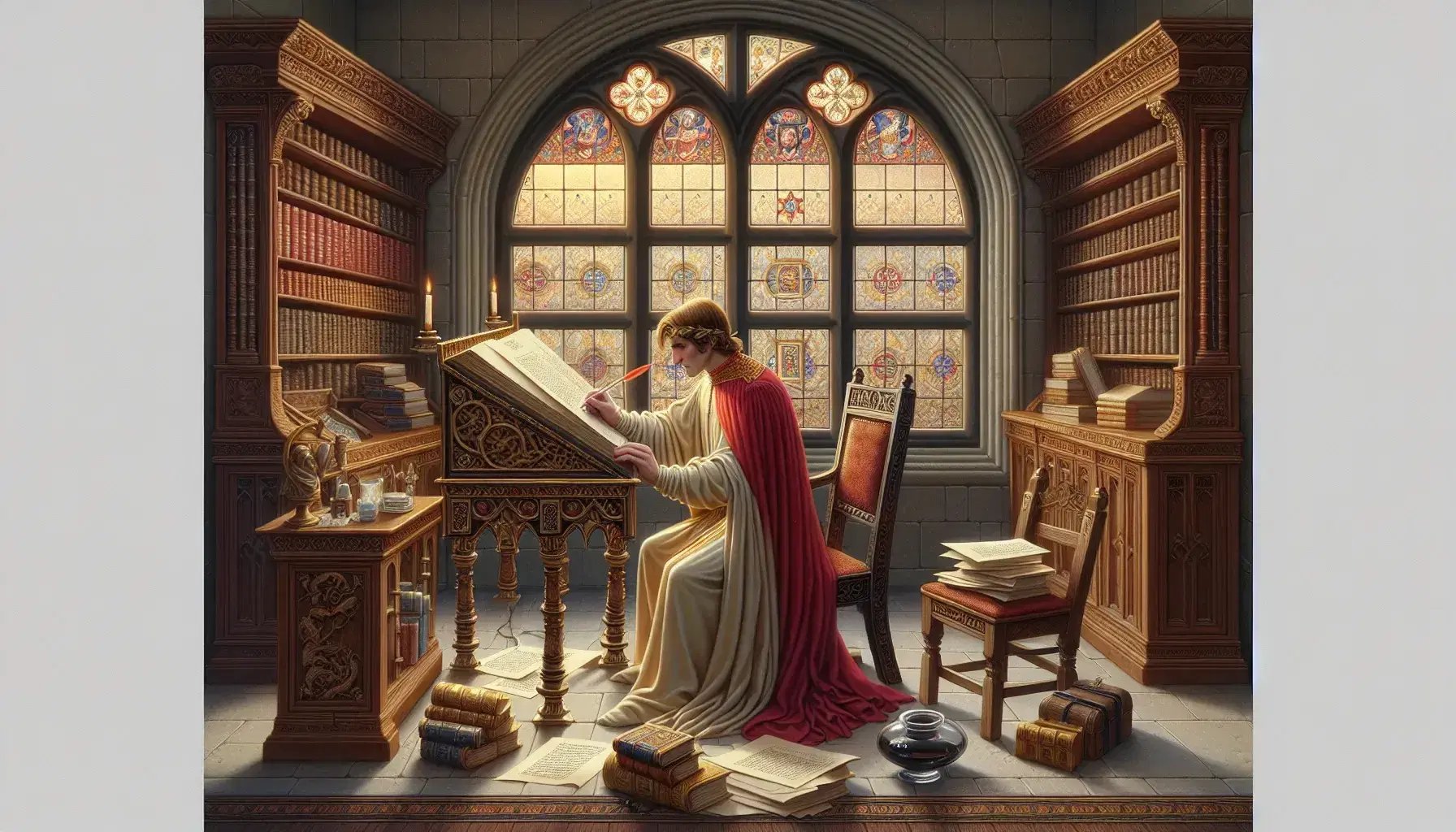 Riproduzione medievale di Dante Alighieri che scrive la Divina Commedia, seduto con libro e calamaio su un leggio, accanto a una finestra vetrate e un globo terrestre.