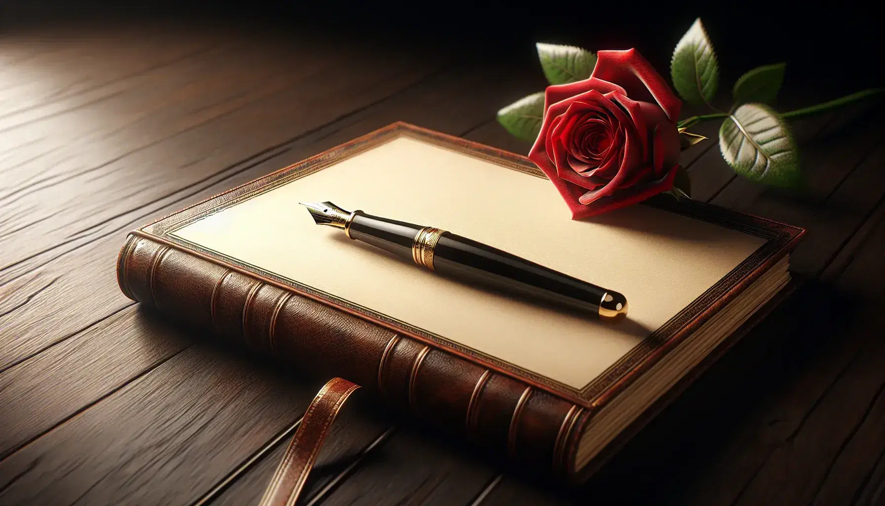 Vintage fountain pen on blank page of leather journal with red rose on dark wooden background, evoking a nostalgic and romantic ambiance.